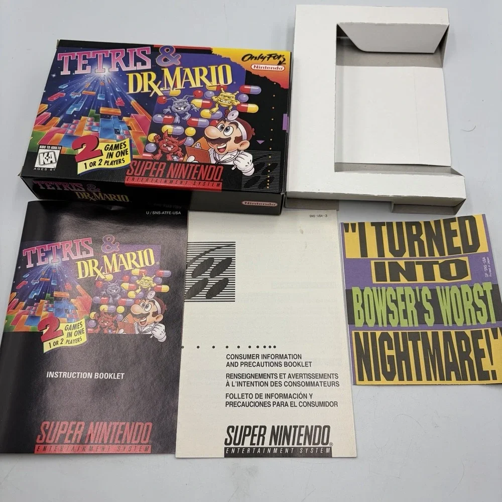 Tetris & Dr. Mario Super Nintendo SNES Authentic Box, Manual and Inserts Only